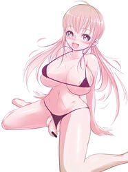 1futa areola_slip areolae bikini bikini_aside blush breasts censored cleavage copyright_request full-package_futanari futanari ichimatsu_akebi intersex large_breasts long_hair monochrome open_mouth penis pink pink_hair smile solo_futa string_bikini swimsuit testicles tied_hair twintails