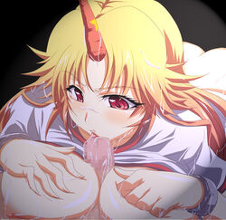 1girls ass blonde_hair breasts censored cuffs cum cum_on_body cum_on_breasts cum_on_hair cum_on_upper_body exposed_breasts facial fellatio female horn horns hoshiguma_yuugi long_hair male mekabu oni oni_horns oral paizuri penis pov red_eyes sex shackles single_female single_horn straight touhou