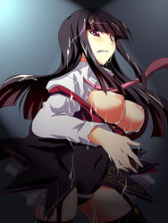 07th_expansion bangs black_hair blunt_bangs breasts cum female female_only hime_cut long_hair lucifer_(umineko) mekabu necktie nipples panties puffy_nipples solo stakes_of_purgatory sweat thighhighs umineko_no_naku_koro_ni underwear