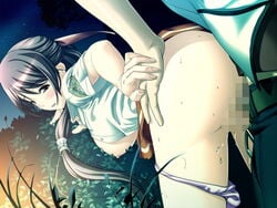 black_hair blush breasts censored doggy_style doggy_style dutch_angle from_behind game_cg hand_on_hip hiide hip_grab hips long_hair looking_back nature night night_sky open_clothes open_shirt panties panties_around_leg panties_around_one_leg pussy_juice sex shirt skirt skirt_lift sky star star_(sky) starry_sky sweat torso_grab underwear yotsunoha yuzuki_iori