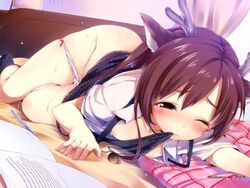 antlers bed bell blush breasts brown_hair buriki copyright_request mouth_hold nipples open_clothes open_shirt panties panty_pull pussy_juice saliva shirt tears underwear wink