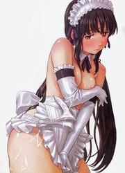 1girls apron_tug black_hair breast_hold breasts covering covering_breasts covering_crotch cum cum_on_body cum_on_breasts cum_on_clothes cum_on_lower_body cum_on_upper_body female gloves long_hair maid naked_apron naruko_hanaharu scan shoujo_material solo topless very_long_hair