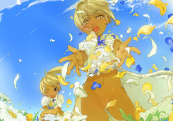 blonde_hair bottomless cleft_of_venus dark_skin female female_only flower foreshortening looking_at_viewer maruku multiple_girls navel no_panties original outstretched_arms outstretched_hand petals ponytail short_hair sky straight_hair tied_hair wind yellow_eyes