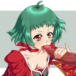 1girls breasts censored cleavage down_blouse farah_oersted fellatio green_hair huge_cock oral penis pinky_out raised_pinky_handjob red_eyes saliva sato_iori short_green_hair short_hair tales_of_(series) tales_of_eternia tongue