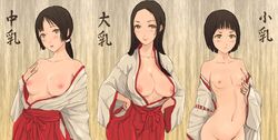 3girls artist_request blush breasts brown_hair bust_chart character_request chart copyright_request female female_only flat_chest hakama japanese_clothes long_hair miko multiple_girls nipples nude pointy_chin ponytail short_hair text tied_hair translated yellow_eyes