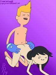 1boy 1boy1girl 1girls all_fours beth_tezuka biting_own_lip black_hair blonde_hair blonde_hair_male bravest_warriors breasts chris_kirkman doggy_style dutch_angle facing_viewer female gloves_only gradient_background kneeling long_hair male naked_gloves nipples nude one_eye_closed purple_background purpleprawn simple_background teeth three-quarter_view