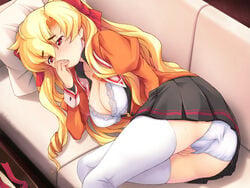 blonde_hair bra couch eyebrows finger_licking game_cg hagiya_masakage hair_ribbon licking lingerie masturbation mouth_hold ojousama_wo_iinari_ni_suru_game open_clothes open_shirt panties pillow red_eyes ribbon school_uniform shirt skirt solo suwa_emiri thighhighs underwear upskirt