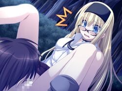 1boy blonde_hair blue_eyes blush censored collar cunnilingus dutch_angle female forest game_cg glasses hairband kneeling long_hair magical_summer_kaiketsu_tenshi_execute nature night ninozen no_panties open_mouth oral pussy sex sitting skirt skirt_lift source_request spread_legs surprised yamanouchi_rio