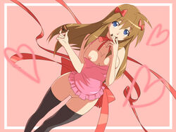 black_legwear black_thighhighs blue_eyes bow bows breast_slip breasts brown_hair chocolate cleavage eating female hair_ribbon heart naked_apron nibai one_breast_out original pointy_chin pussy ribbon ribbons smile solo straight_hair thighhighs uncensored valentine's_day