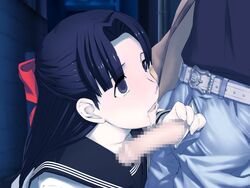 black_hair censored cum cum_in_mouth fellatio game_cg half_updo jeans kadokura_aya mosaic_censoring open_fly oral penis ribbon takano_kou unzipped you_katana_jiken youtou_jiken