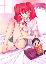 barefoot bed blouse bow_bra bra breasts censored cleavage cover doujin doujinshi feet keroro_gunsou kobayashi_masakazu lace-trimmed_bra lingerie miniskirt natsumi_hinata open_clothes open_shirt panties panty_pull pillow red_eyes red_hair school_bag school_uniform see-through shirt sitting skirt smile sweat tied_hair toe-point twintails underwear white_bra white_panties