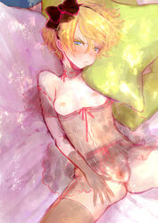 annoyed blonde_hair blue_eyes blush bow breasts censored character_request choker colored_eyelashes cushion eyelashes female female_only gloves hairbow kito_(coyo) kito_(pixiv5248) lingerie lying negligee nipples on_back original pillow pout pussy short_hair solo spread_pussy tears thighhighs underwear