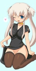 blonde_hair blue_eyes china_dress chinadress chinese_clothes mabinogi nao no_panties okamoto_setsura pointy_chin pussy thighhighs tied_hair twintails uncensored wink