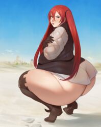 1girls alternate_ass_size alternate_body_type angry ass bamboo_ale bare_thighs big_ass bottom_heavy crossed_arms fat fire_emblem fire_emblem_fates huge_ass large_ass looking_at_viewer looking_back mostly_clothed nintendo overweight overweight_female red_hair selena_(fire_emblem_fates) severa_(fire_emblem) squatting thick_thighs twintails unamused