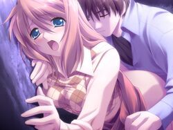 argyle blue_eyes blush couple doggy_style from_behind game_cg komorebi_no_namikimichi nakazato_kouichi open_mouth pink_hair scream screaming sex tears tree yukizakura_himeno yuuki_mitsuru