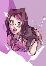 brown_hair cum erect_nipples glasses kneeling live_on_cardliver_kakeru necktie nipples open_mouth red_eyes shinki_yuu skirt skirt_lift tongue uchiuchi_keyaki