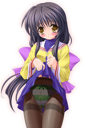 blush bow clannad clothing ibuki_fuuko long_hair midriff panties panties_under_pantyhose pantyhose school_uniform seifuku serafuku skirt skirt_lift straight_hair underwear uniform