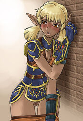 blonde_hair blush bottomless dark-skinned_female dark_skin elf elvaan female female_only final_fantasy final_fantasy_xi gloves mr_pavlov pointy_ears pubic_hair solo tied_hair tomotsuka_haruomi twintails