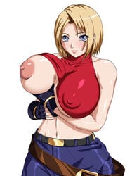 areolae blonde_hair blue_eyes blue_mary blush breast_hold breast_lift breast_slip breast_squeeze breasts erect_nipples fatal_fury halter halterneck huge_breasts king_of_fighters large_areolae nipples one_breast_out shirt_lift short_hair snk water_beryl