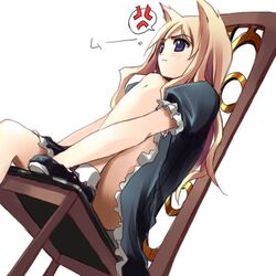 :t aida_okiteru anger_vein angry animal_ears blonde_hair blue_eyes cat_ears female jpeg_artifacts leg_hug pout sitting solo
