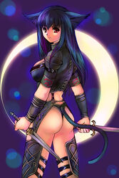 animal_ears animal_humanoid armor ass black_hair blue_hair cat_ears cat_humanoid catgirl female green_hair humanoid knife long_hair moon purple_hair red_eyes solar_eclipse string sun tail thong