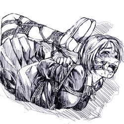 1girls arms_behind_back blush bondage bound_arms bound_legs breast_bondage breasts cry female folded gag gagged hogtie monochrome open_mouth_gag pizza_man ring_gag rope saliva school_uniform serafuku tears