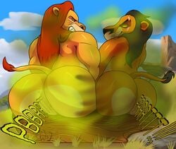 2018 anthro ass big_butt close-up disney dragonxpyro duo fart fart_cloud fart_fetish farting feline fur gay grass green_eyes hair hi_res huge_butt incest lion log male male_only mammal mufasa muscular muscular_male nude red_eyes scar scar_(the_lion_king) sitting smile spreading teeth text the_lion_king thick_thighs wood yaoi yellow_sclera