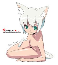 animal_ears aqua_eyes arm_support cat_ears cat_tail nipples nude oekaki onija_taro onija_tarou short_hair tail white_hair