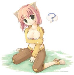 1girls animal_ears between_legs blush bow breasts cat_ears cleavage emurin eyes_visible_through_hair green_eyes hand_between_legs head_tilt huge_breasts looking_at_viewer no_socks pink_hair ragnarok_online shoes short_hair simple_background sitting solo thief thief_(ragnarok_online) wariza