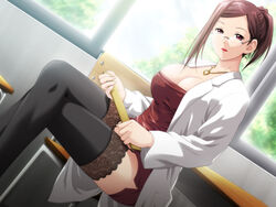 breasts brown_hair cleavage crossed_legs dutch_angle game_cg garter_belt glasses hair huge_breasts jewelry kinoshita_maki labcoat large_breasts legs legs_crossed necklace red_eyes sitting source_request teacher thighhighs uminomichi