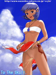 1girls bandeau bandeau_bikini breasts dark-skinned_female dark_skin e-jin female fushigi_no_umi_no_nadia gainax human loincloth nadia_la_arwall no_panties peeing princess purple_hair pussy short_hair skirt skirt_lift uncensored