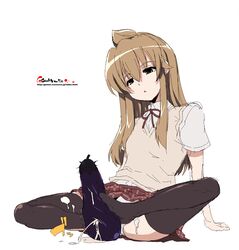 ahoge brown_hair clothing cum eggplant feet footjob footjob_with_legwear highres long_hair minami-ke minami_chiaki oekaki onija_taro onija_tarou panties school_uniform serafuku sexually_suggestive skirt stockings sweater_vest thighhighs vest