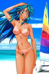 1girls beach breasts cleft_of_venus female female_only full_metal_panic hair_between_eyes kaname_chidori looking_at_viewer nipples nude nude_female pubic_hair pussy solo tan tan_skin tanline uncensored