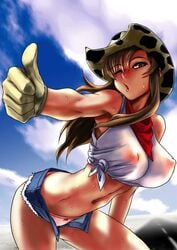 1girls armpits bare_shoulders blacksmith blacksmith_(ragnarok_online) bow bow_panties breasts brown_eyes brown_hair cow_print cowboy_hat cowgirl denim denim_shorts erect_nipples female fujito gloves gundam gundam_seed hat huge_breasts jpeg_artifacts leaning_forward long_hair midriff murrue_ramius nipples nipples_visible_through_clothing open_fly panties perky_breasts pink_panties ragnarok_online see-through short_shorts shorts solo sweat thumbs_up tied_shirt underwear unzipped western wink