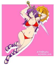 athena_(series) athena_asmaiya bikini king_of_fighters open_toe_shoes princess_athena purple_hair ribbon shield shirayuki_shoushirou snk swimsuit sword thillayukin weapon yellow_eyes