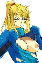 blue_eyes bodysuit breasts female female_only human long_hair metroid michael_f91 nintendo nipples ponytail samus_aran solo tearing_clothes tearing_off_own_clothes tearing_open_top tied_hair torn_clothes zero_suit zero_suit_samus