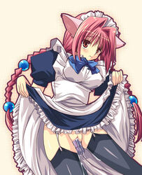 animal_ears blush braid braids cat_ears catgirl long_hair maid no_panties plait pussy_juice skirt_lift thighhighs uniform vibrator