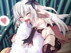 closed_eyes game_cg heart hug jelly_filled_donut long_hair minigirl onigiri open_mouth rice spoken_heart thighhighs wazakita white_hair ww&f_~the_world_of_water_and_a_fairy~