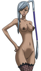 breasts code_geass dark_skin female long_hair nude ponytail silver_hair thighhighs tied_hair villetta_nu yellow_eyes