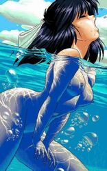 90s breasts female female_only game_cg jankirou jpeg_artifacts nipples nude open_mouth red-zone ribbon short_hair solo water