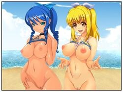 2girls bikini bikini_lift blonde_hair blue_eyes blue_hair bottomless breasts female female_only hair_ribbon hand_on_hip hip_bones large_breasts mole mound_of_venus multiple_girls navel nipples nude ocean onigiri_(ocelot) original pussy ribbon ribbons sky smile swimsuit uncensored warin water wide_hips yellow_eyes