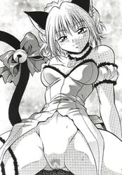 animal_ears bell bow bush cat_ears choker female ichigo_momomiya mew_ichigo monochrome nekomimi no_panties pink_hair pubic_hair pussy solo tail tokyo_mew_mew