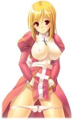 akamaru blonde_hair breasts cleavage erect_nipples high_priest high_priest_(ragnarok_online) high_priestess large_breasts loincloth nipples nipples_visible_through_clothing open_panties panties panty_pull priestess ragnarok_online red_eyes see-through smile underwear white_panties