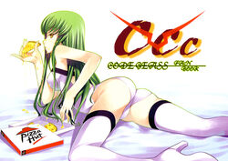 ass bed boots c.c. cheese code_geass eating food green_hair high_heels highres long_hair lying on_stomach pizza pizza_hut product_placement sexually_suggestive shoes solo thigh_boots thighhighs white_legwear white_thighhighs yellow_eyes