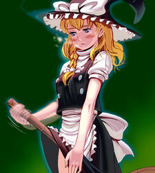 blonde_hair blue_eyes blush breath broom broom_riding crotch_rub female hat human long_hair marisa_kirisame masao masturbation ribbon sexually_suggestive skirt solo touhou witch_hat