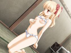 aki_no_urara_no_akane-iro_shoutengai aki_no_urarano_akane_iro_shouten_gai blonde_hair blush bow bra bra_lift breasts brown_eyes cute game_cg hair_ribbon hair_ribbons hairbow kneeling lingerie midriff navel nipples odajima_mayu panties peko ribbon ribbons small_breasts tied_hair twintails underwear undressing white_panties