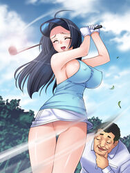 gloves golf golf_club idolmaster lens_flare miura_azusa no_bra no_panties tadano_akira visor wind wind_lift