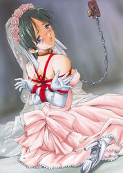 arms_behind_back blue_eyes bondage bridal_veil bride chained chains collar copyright_request crown crying dress female hat head_wreath high_heels looking_at_viewer looking_back medium_breasts pizza_man short_hair tears veil wedding_dress