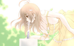 bent_over breasts brown_eyes brown_hair dress drinking drinking_fountain hair_ornament hairclip hairpin kuroda_akimi leaf leaves nipple_slip nipples no_bra strap_slip water wind yellow_dress