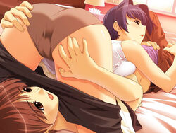 1boy 1girls 800x600 ass ass_grab breast_squeeze breasts brown_hair clothing cunnilingus female game_cg ino kimihagu kizaki_kensuke licking male oral panties panty_licking pantyhose purple_hair straight through_clothes underwear yuzuki_minami